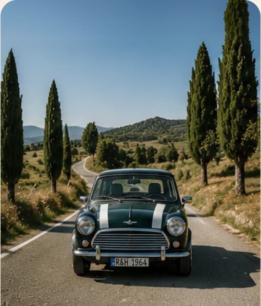Une Austin Mini vert anglais remonte une route bordée de cyprès, au cœur des coteaux.