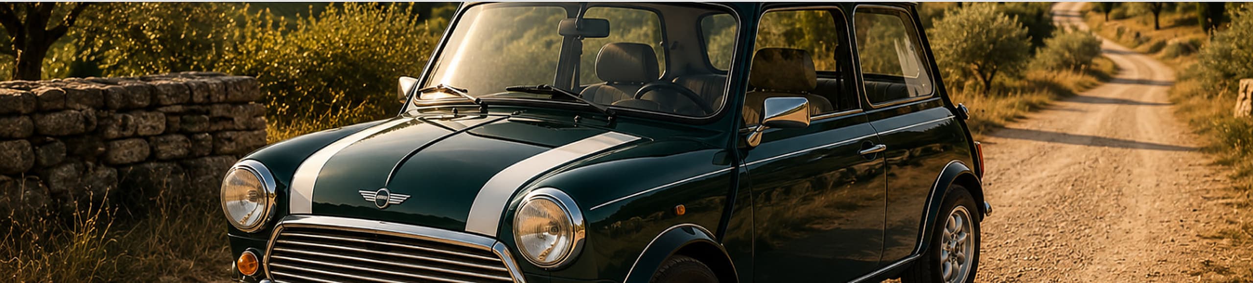 Une Austin Mini vert anglais à l’arrêt sur un chemin de terre doré, entre un muret de pierres sèches et une allée d’oliviers, dans la lumière de fin d’après-midi.