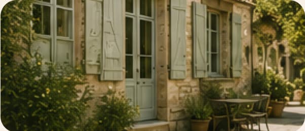 Une maison en pierre dorée aux volets vert d’eau, terrasse ombragée et végétation grimpante.