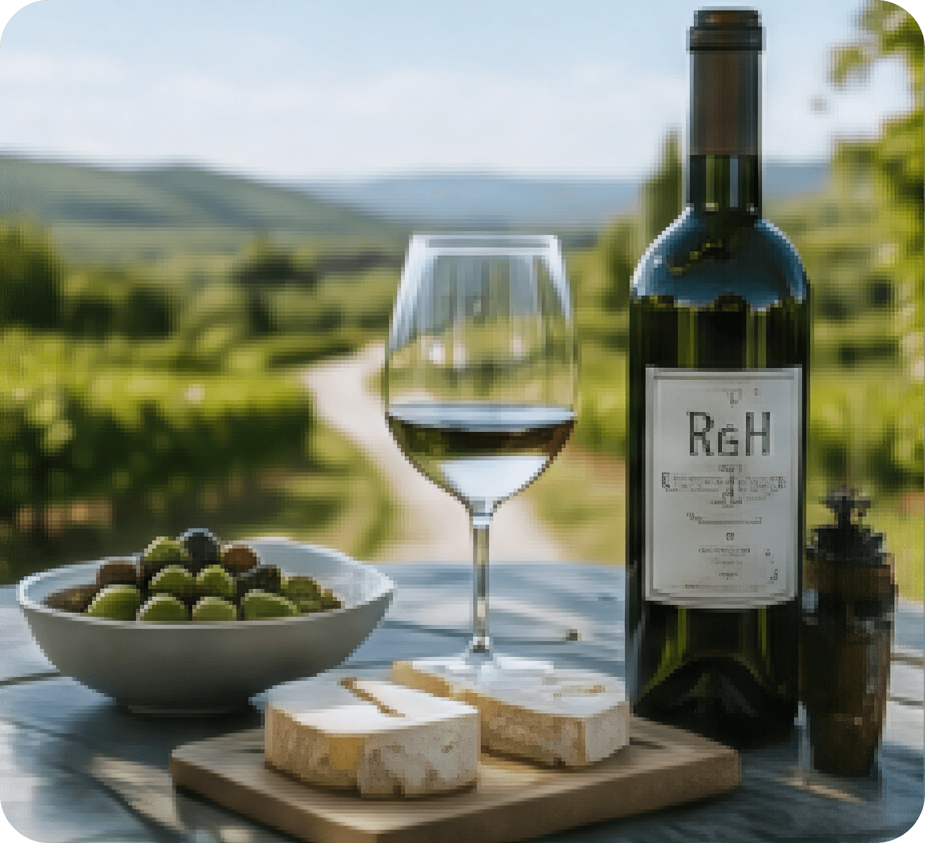 Un verre de vin rouge et une bouteille Road & Heritage posés sur une table, face aux collines du Beaujolais.