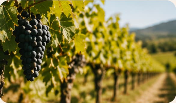 Une grappe de raisin noir suspendue à un cep, devant des rangs de vigne qui filent vers les collines.