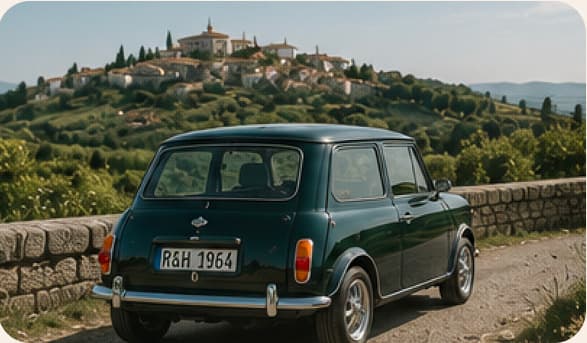 Une Austin Mini vert anglais garée le long d’un muret, face à un village perché entouré de vignes.