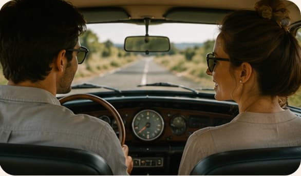 Vue depuis la banquette arrière : un conducteur et sa passagère échangent un regard, la route file droit entre les vignes.