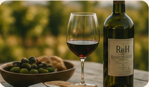 Un verre de vin rouge, une bouteille Road & Heritage et un bol d’olives sur une table de bois, dans la lumière du soir.